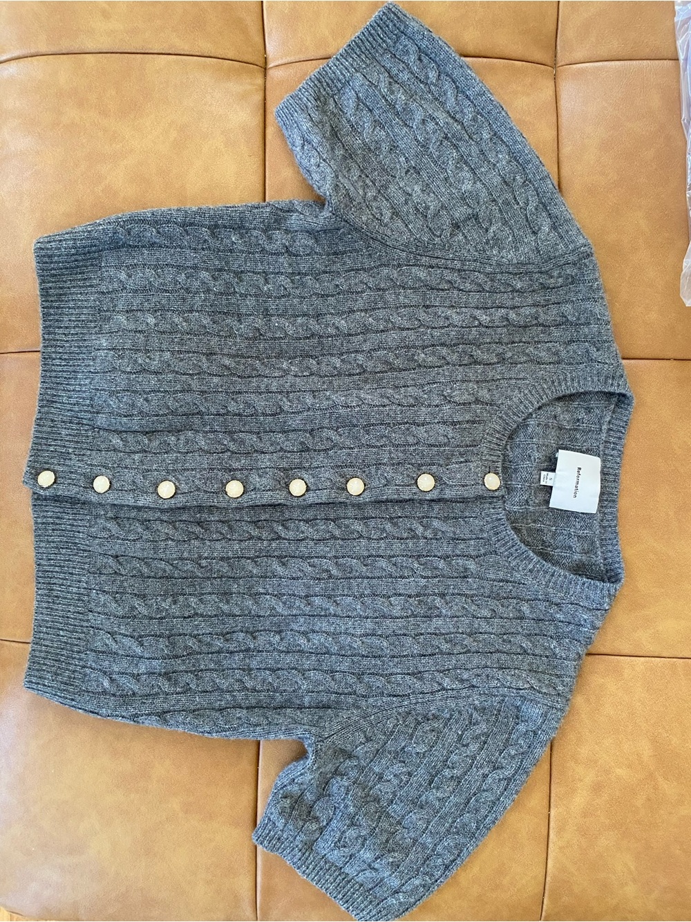 Reformation Gray Cashmere Cable-Knit Short-Sleeve Cardigan